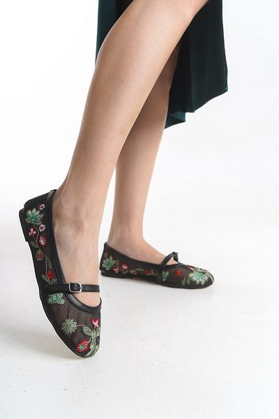 Shoesers Pantofi de balerină cu design special pentru femei, brodate cu flori pe tul
