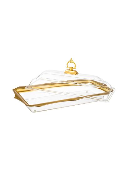 Dania Rectangular acrylic serving plate with a golden cover for pastries, sweets, and all buffets, size 50*27 cm