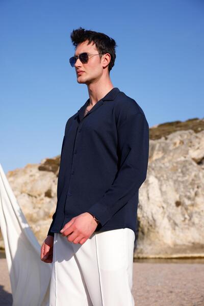 Pobudo Erkek Lacivert Renk Örme Ottoman Kumaş Uzun Kol Gömlek