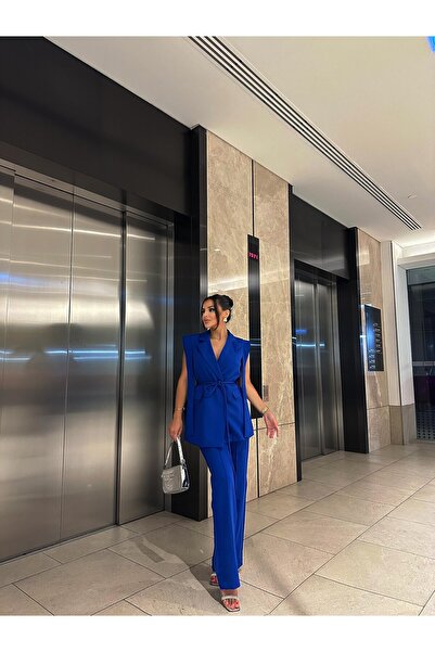 buqre's moda Σετ παντελόνι με δεμένο διπλό ζωσμένο γιλέκο