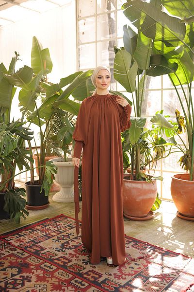 Nissra Ankanoor Tan Raglan Sleeve Gathered Dress Anka 255072
