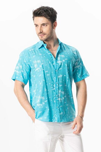Eliş Şile Bezi Short Sleeve Cotton Shirt Turquoise Trkz Men's Summer