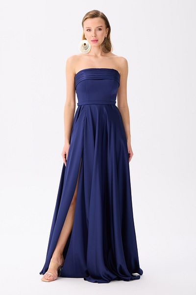 Carmen Navy Blue Strapless Satin Evening Dress