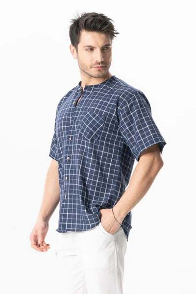 Eliş Şile Bezi Короткий рукав, шильська тканина, одна кишеня, велосипедний комір, чоловіча літня сорочка, темно-синя в клітинку lcvrtkrl