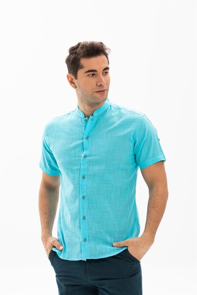 Eliş Şile Bezi Short Sleeve Slub Cotton Bodrum Summer Men's Shirt Light Turquoise 3075