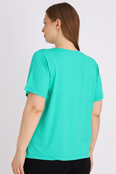 İntensive Women's Crew Neck Green Short Sleeve Printed Plus Size T-Shirt