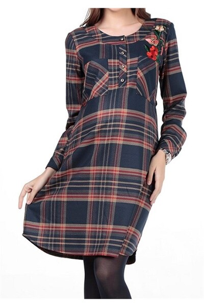 BUSA Hamile Ekose Önden Düğmeli Elbise Lacivert