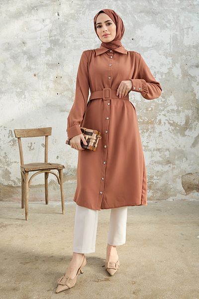 VAVİNOR Camel Colored Tunic with Belt and Shoulder Stones
