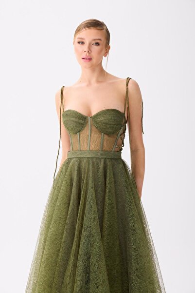 Carmen Haki Midi Dantelli Abiye Elbise