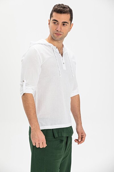 Eliş Şile Bezi Ανδρικό φούτερ με κουκούλα Şile υφασμάτινη διπλή τσέπη Λευκό Byz