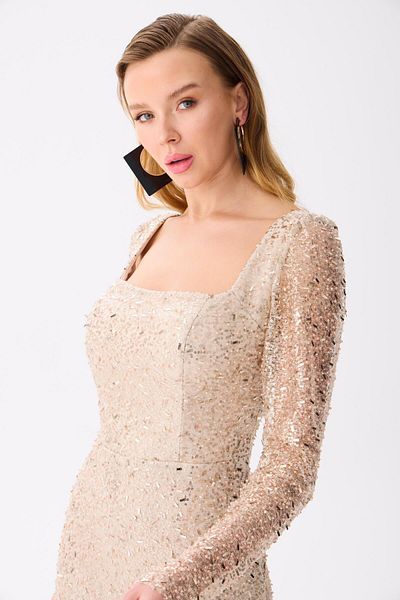 Carmen Gold Long Sleeve Sequined Evening Dress