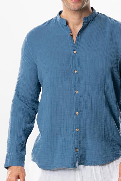 Eliş Şile Bezi Довгий рукав, комір-стійка, чоловіча літня сорочка з мусліну, індиго indg