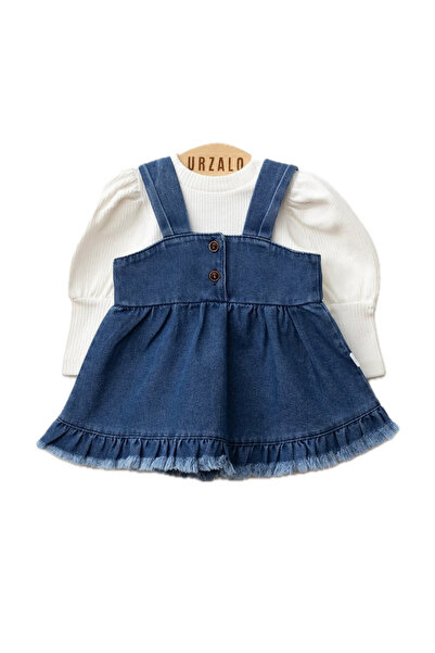 Baby Urzalo Püsküllü Kız Bebek Kot Jile Elbise %100 Pamuk Likralı Ribana Balon Bluz Jean Takım