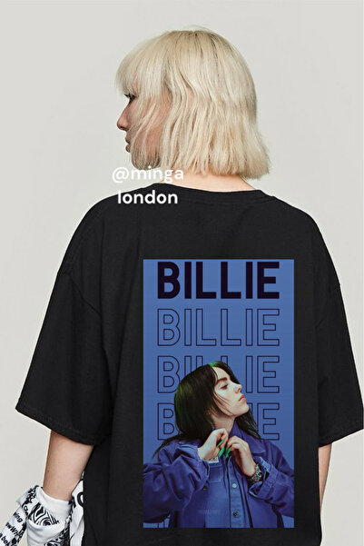 Minga London تي شيرت أسود للجنسين بتفاصيل صورة بيلي إيليش مطبوع من الأمام/الخ...