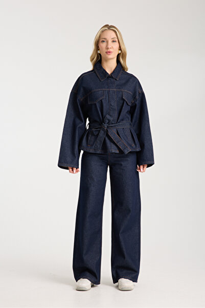 CARLOOG JEANS Bağlamalı Lacivert Ceket Pantolon Denim Takım