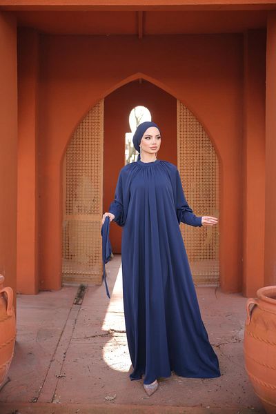 Nissra Ankanoor Navy Blue Raglan Sleeve Gathered Dress Anka 255072
