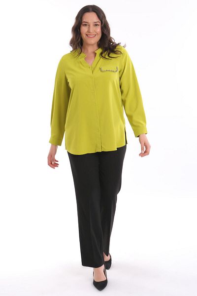 Metpoint Trend42Plus Big Size Pockets Embroidered C Collar Fat Green Shirt