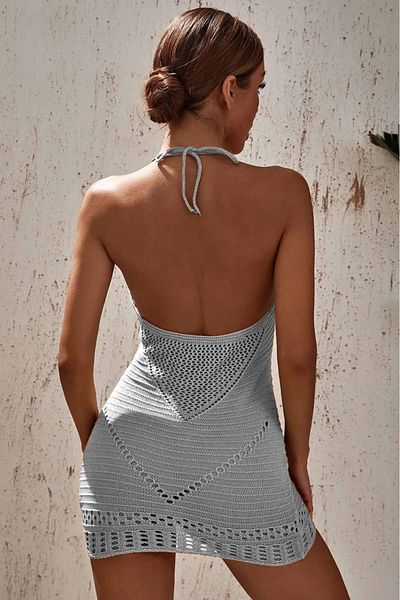 AQE FASHION Γκρι φόρεμα παραλίας με λαιμόκοψη U με λαιμόκοψη με ανοιχτή πλάτη με παρεό