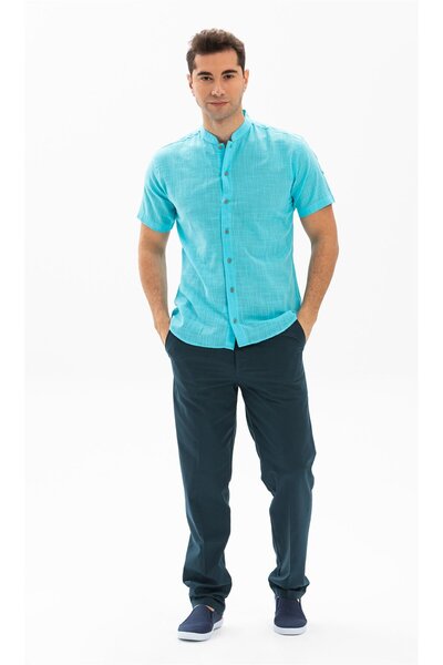 Eliş Şile Bezi Short Sleeve Slub Cotton Bodrum Summer Men's Shirt Light Turquoise 3075