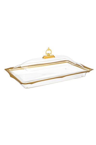 Dania Rectangular acrylic serving plate with a golden cover for pastries, sweets, and all buffets, size 60*37 cm