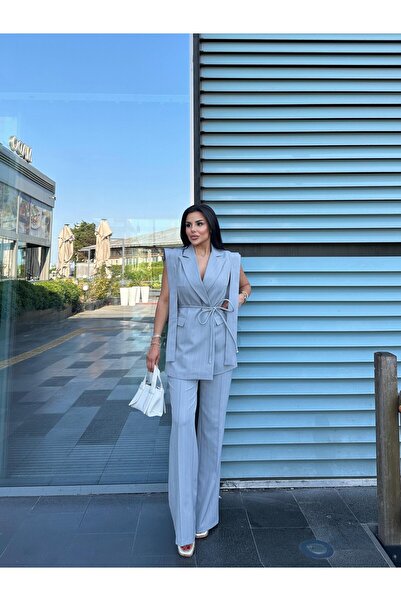 buqre's moda Bağlamalı İkili Kuşaklı Blazer Yelekli Pantolon Takım