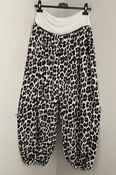 AYASOFYA OTANTIK Women's Italian White Ethnic Leopard Patterned Viscose Loose Baggy Trousers with Elastic Waist and Legs