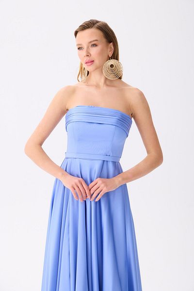 Carmen Indigo Strapless Slit Satin Evening Dress