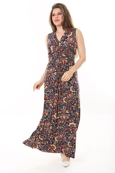 Şans Women's Plus Size Colorful Chest Gather Detailed V-Neck Belted Dress 65N37905