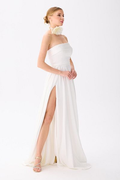 Carmen White Strapless Slit Satin Wedding Dress