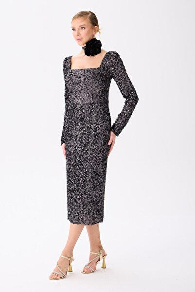 Carmen Siyah Uzun Kollu Payetli Abiye Elbise