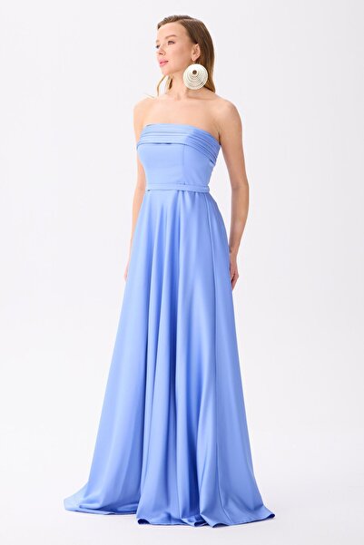 Carmen Indigo Strapless Slit Satin Evening Dress