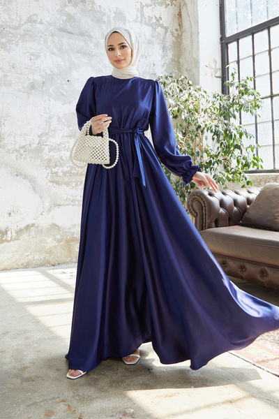 VAVİNOR Σατέν Ζώνη Φόρεμα Liza - Indigo