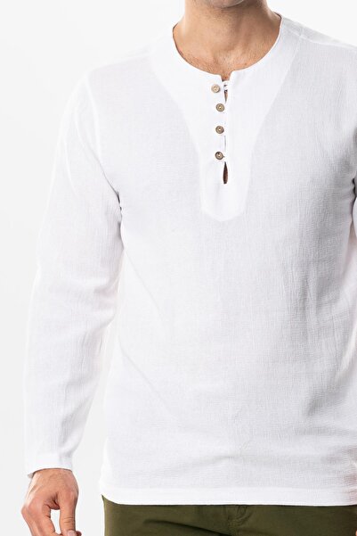 Eliş Şile Bezi Halikarnas Довгий рукав Фіолетовий ґудзик Детальний чоловічий літній футболка Білий Byz