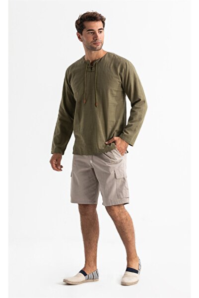 Eliş Şile Bezi Long Sleeve Şile Cloth Studded Men's Summer Tshirt Khaki 3049