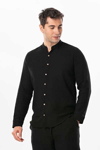 Eliş Şile Bezi Uzun Kol Hakim Yaka Erkek Müslin Yazlık Gömlek Siyah Syh