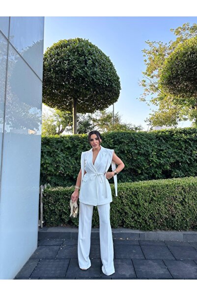 buqre's moda Σετ παντελόνι με δεμένο διπλό ζωσμένο γιλέκο