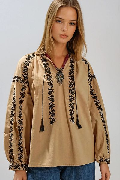 VAGGON Women's Beige Ethnic Patterned Balloon Sleeve Tie Front V-Neck Blouse Prm1374
