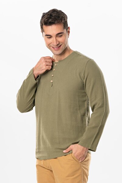 Eliş Şile Bezi Ανδρικό καλοκαιρινό μπλουζάκι με μακρυμάνικο βιολετί κουμπιά Halicarnassus Khaki Khaki