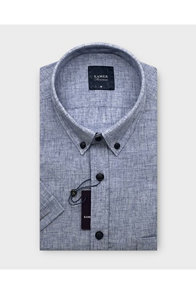 KAMER ERKEK KISA KOL DÜĞMELİ YAKA TEK CEPLİ KETEN KARIŞIMLI MAVİ GÖMLEK 9411M