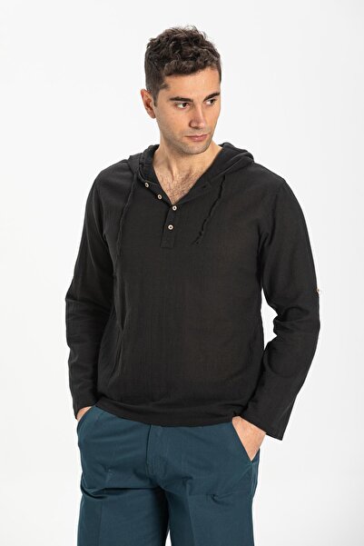 Eliş Şile Bezi Ανδρικό φούτερ με κουκούλα Şile υφασμάτινη διπλή τσέπη Μαύρο Syh