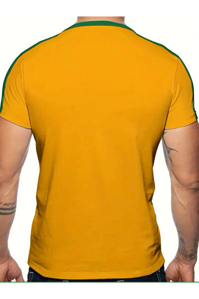 LEONE KOLEKSİYON Ανδρικό μπλουζάκι με κίτρινο εμπριμέ Oversize 100% βαμβακερό ριγέ ώμου