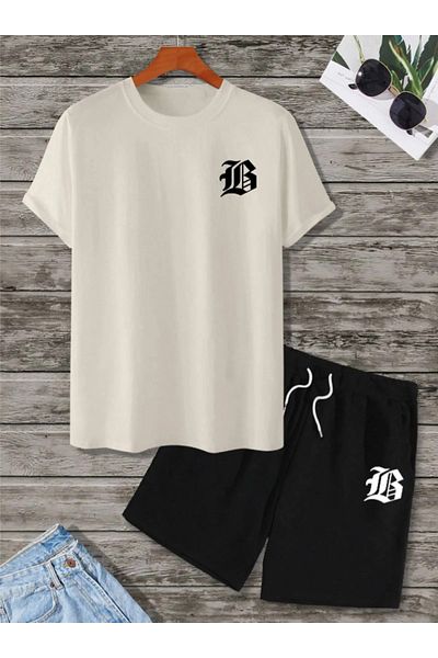 NO 601 Men's Beige B Printed T-Shirt Black Combed Cotton Shorts Set