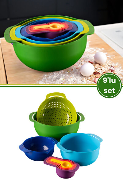 Flora Easy Mix 9 Parça Karıştırma Kabı Seti - Ölçü Kaşığı ve Süzgeçli Renkli Set