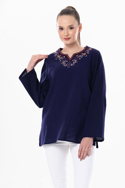 Eliş Şile Bezi Μακρυμάνικο ύφασμα Sile Κέντημα ουράνιο τόξο Λεπτομερής καλοκαιρινή μπλούζα μωβ