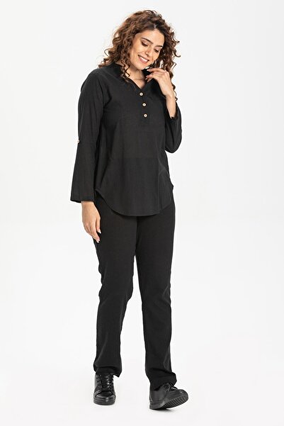 Eliş Şile Bezi Μακρυμάνικη ύφασμα Şile Acacia Καλοκαιρινή Μπλούζα Μαύρη Μαύρη