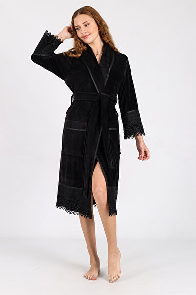 Nuşa الساتان الأنابيب الدانتيل شال طوق الخيزران القطن روب للنوم