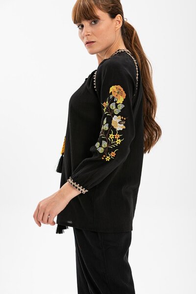 Eliş Şile Bezi Long Sleeve Şile Cloth - Nigar Summer Blouse - Black