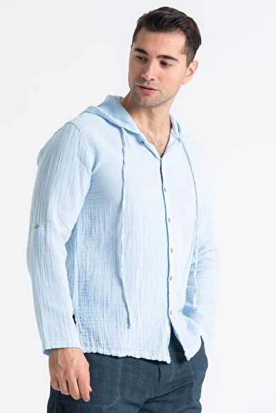 Eliş Şile Bezi Μακρυμάνικο ανδρικό φούτερ με κουκούλα καλοκαιρινή μουσελίνα Ice Blue Bmv