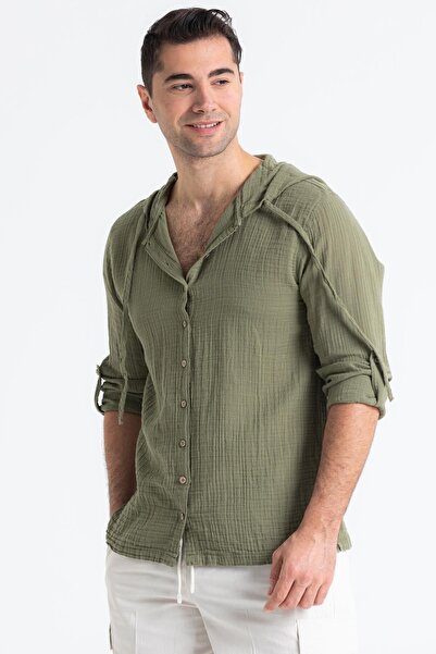 Eliş Şile Bezi Μακρυμάνικο ανδρικό φούτερ με κουκούλα καλοκαιρινή μουσελίνα Khaki Hk