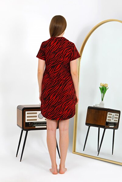 Akbeniz Γυναικείο νυχτικό από βαμβακερό χτενισμένο κοντό μανίκι με κουμπιά μπορντό τουνίκ νυχτικό 13112